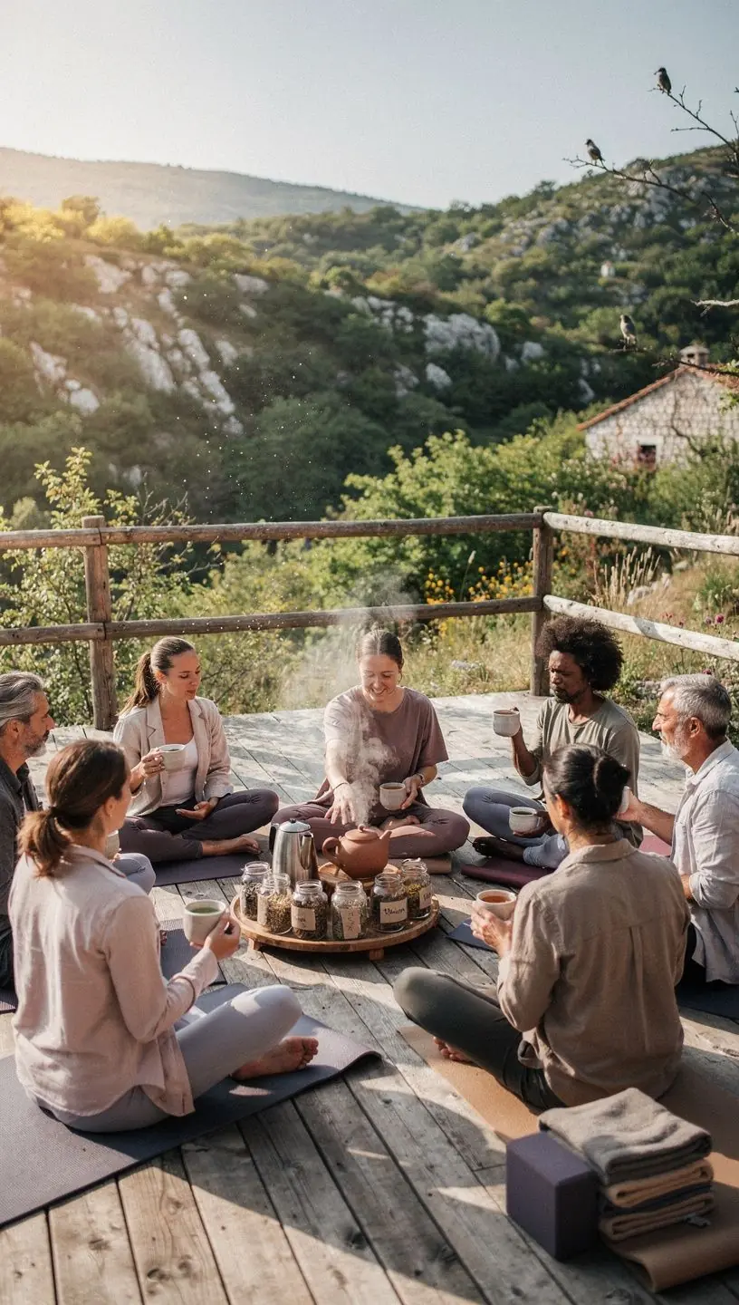 Mirisna šalica čaja od kamilice s cvjetovima u pozadini